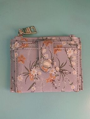 Steve Madden Lavender Floral Snap Card Wallet with Gold Hardware